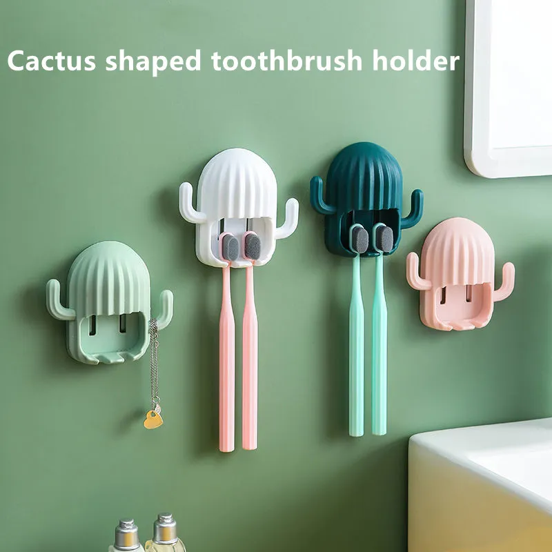 Cactus Toothbrush Holder Wall-Mounted Free Punch Tooth Brush Storage Rack Bathroom Accessories Dark Green big image 1