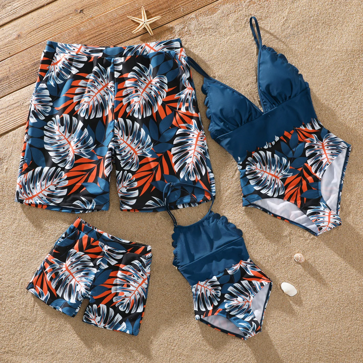 Family Matching Solid Splicing Palm Leaf Print Spaghetti Strap One-Piece Swimsuit and Swim Trunks Shorts Blue image 2