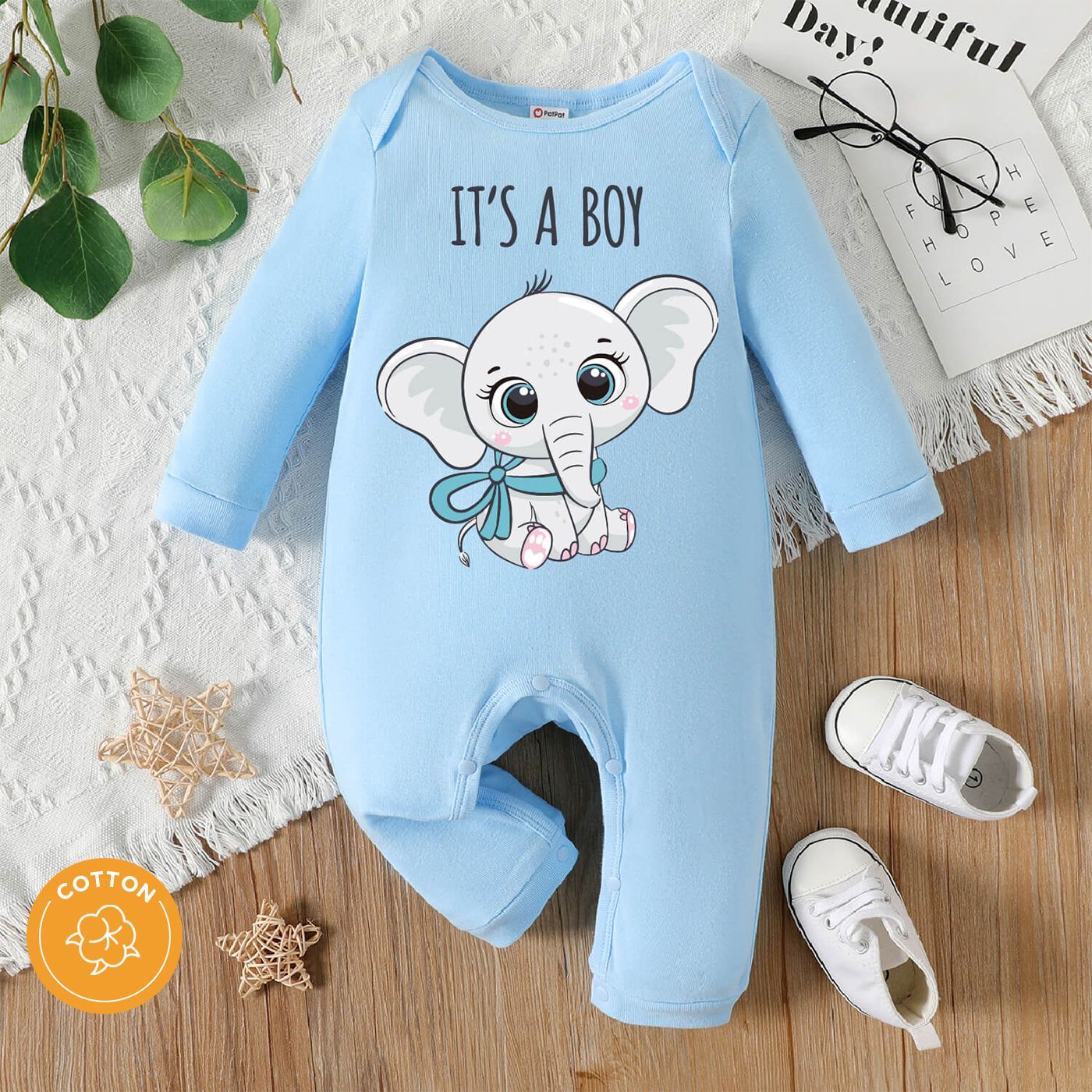 

Baby Boy/Girl 95% Cotton Long-sleeve Cartoon Elephant and Letter Print Jumpsuit