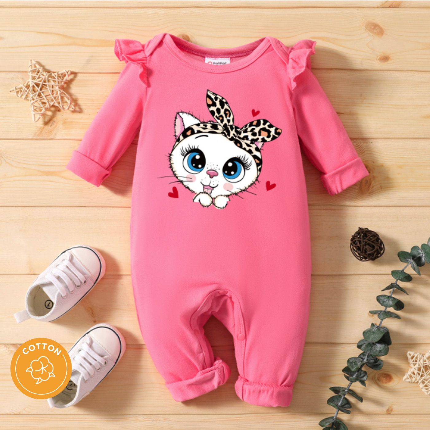 

Baby Girl Cartoon Leopard Cat Print Ruffle Long-sleeve Jumpsuit