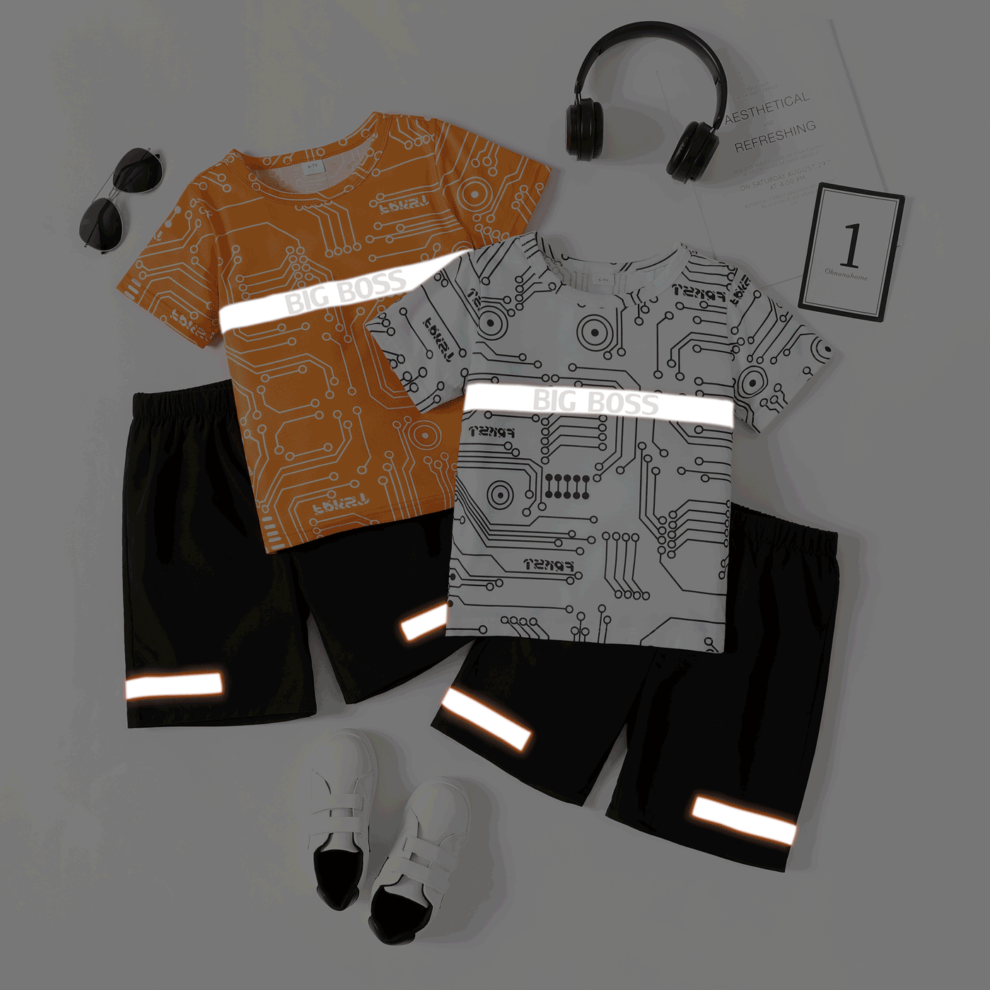 2pcs Kid Boy Allover Geo Print Reflective Striped Short-sleeve Tee and Shorts Set