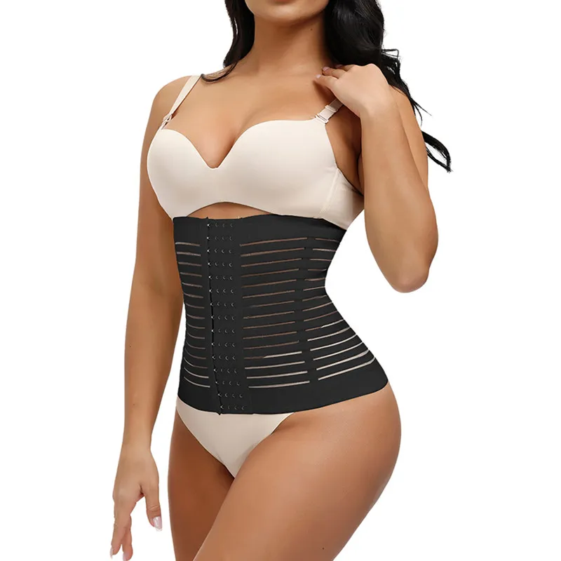 Women Waist Trainer Belly Belt 15 Hook 4 Row Thin Breathable Waist Cincher Body Shapewear Girdle Black big image 1