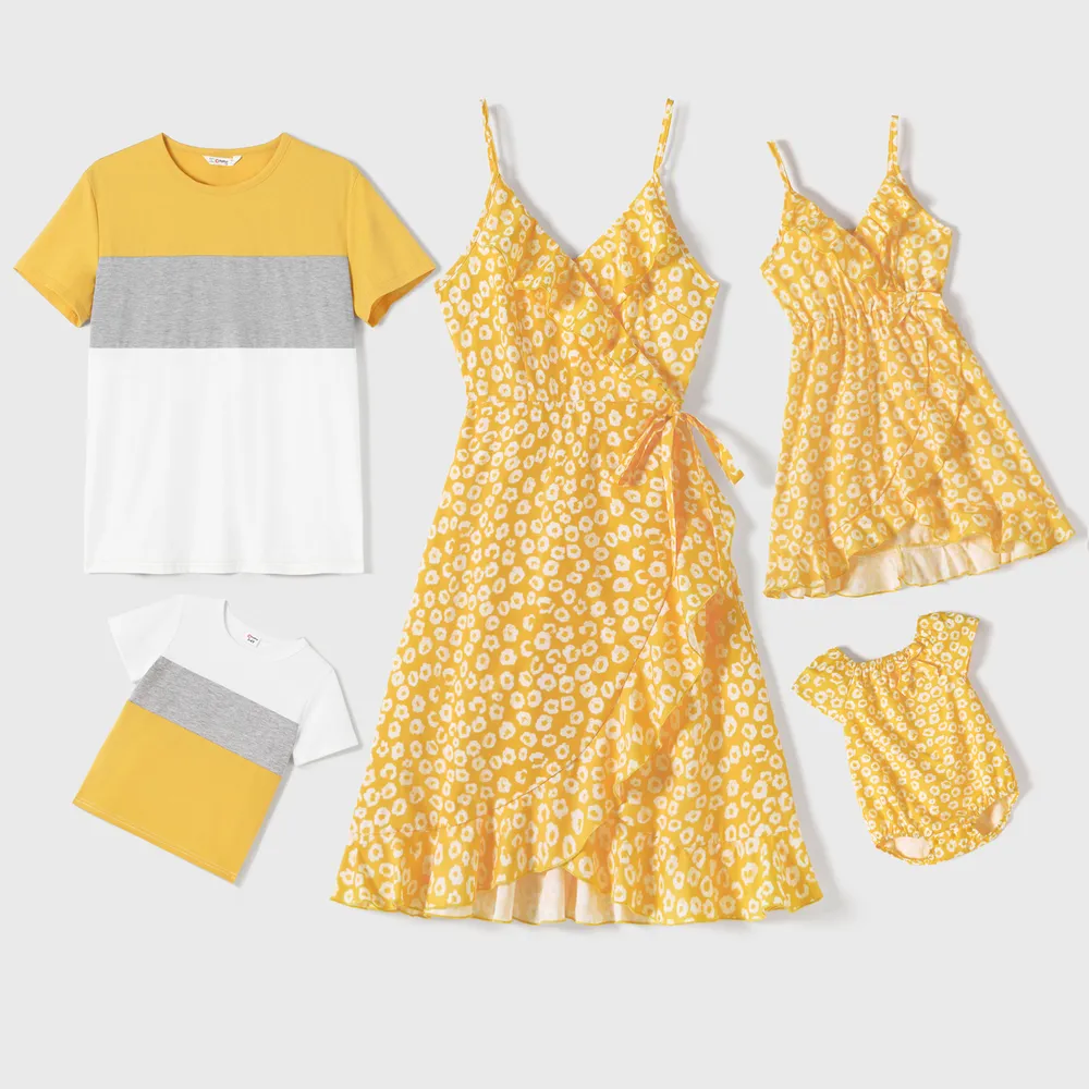 Family Matching Yellow Floral Print Surplice Neck Ruffle Trim Wrap Cami Dresses and Colorblock Short-sleeve T-shirts Sets  big image 2