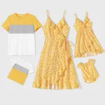 Family Matching Yellow Floral Print Surplice Neck Ruffle Trim Wrap Cami Dresses and Colorblock Short-sleeve T-shirts Sets  image 2