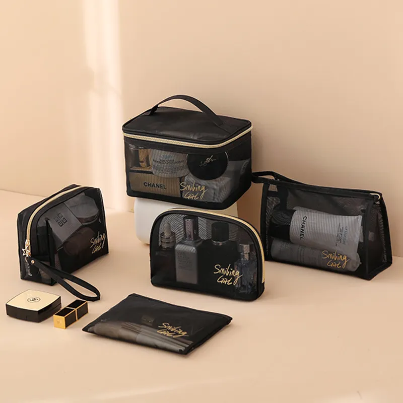 Black Mesh Makeup Bag Large Capacity Mesh Zipper Cosmetic Bag Beach Travel Organizer Bag
