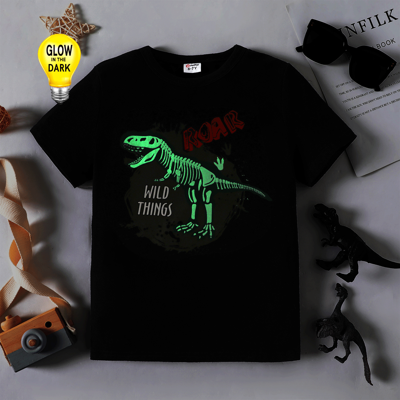 Kids Boy Dinosaur Print Luminous Short Sleeve T-Shirt Black
