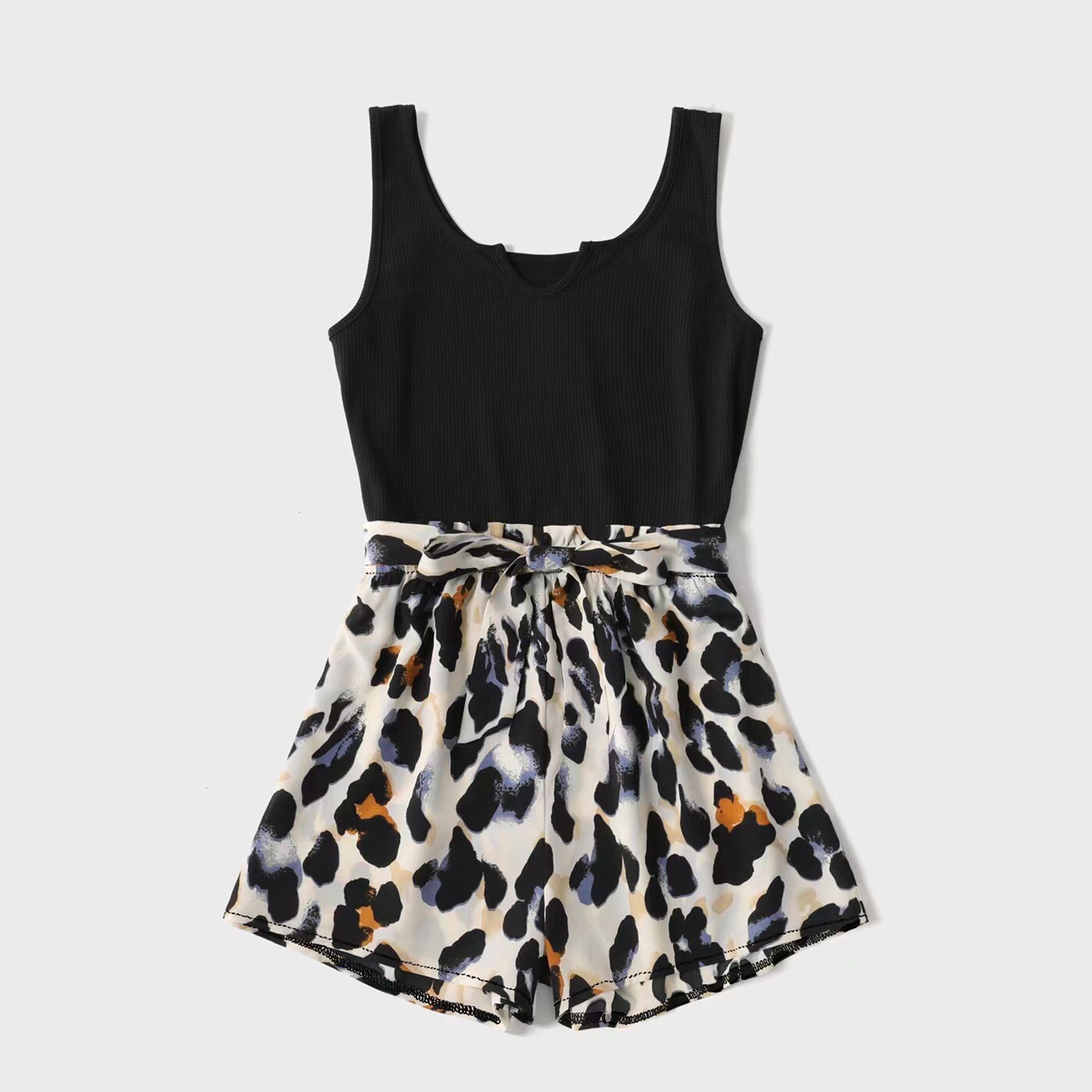 Black Ribbed U Neck Sleeveless Belted Splicing Leopard Romper for Mom and Me