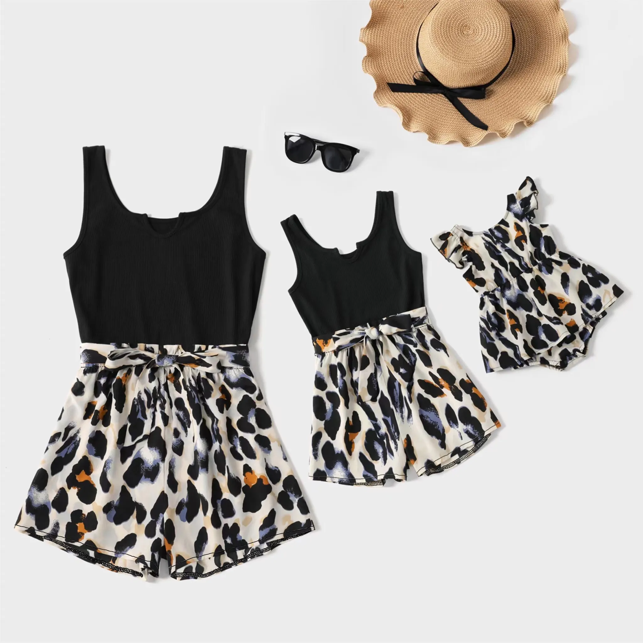 

Black Ribbed U Neck Sleeveless Belted Splicing Leopard Romper for Mom and Me