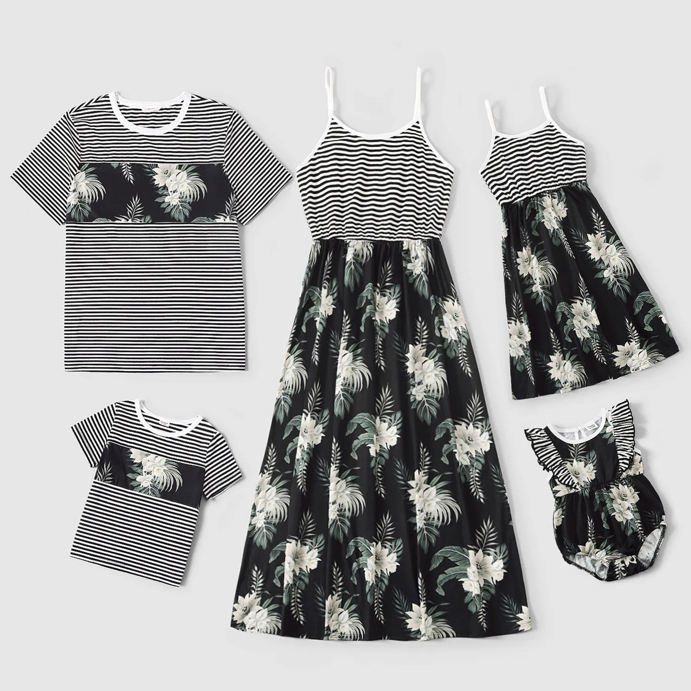 

Family Matching 100% Cotton Stripe Splicing Floral Print Cami Dresses and Short-sleeve T-shirts Sets