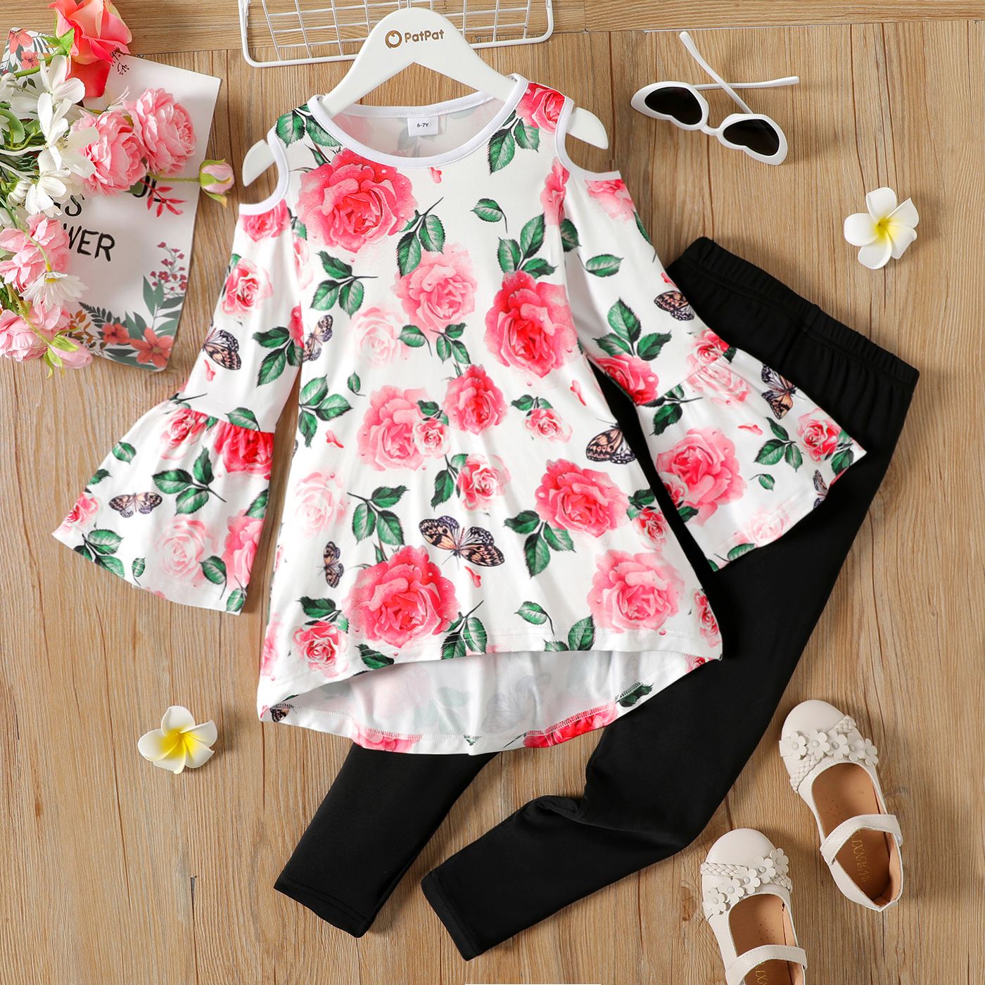 

2pcs Kid Girl Floral Print High Low Long Bell sleeves Tee and Black Leggings Set