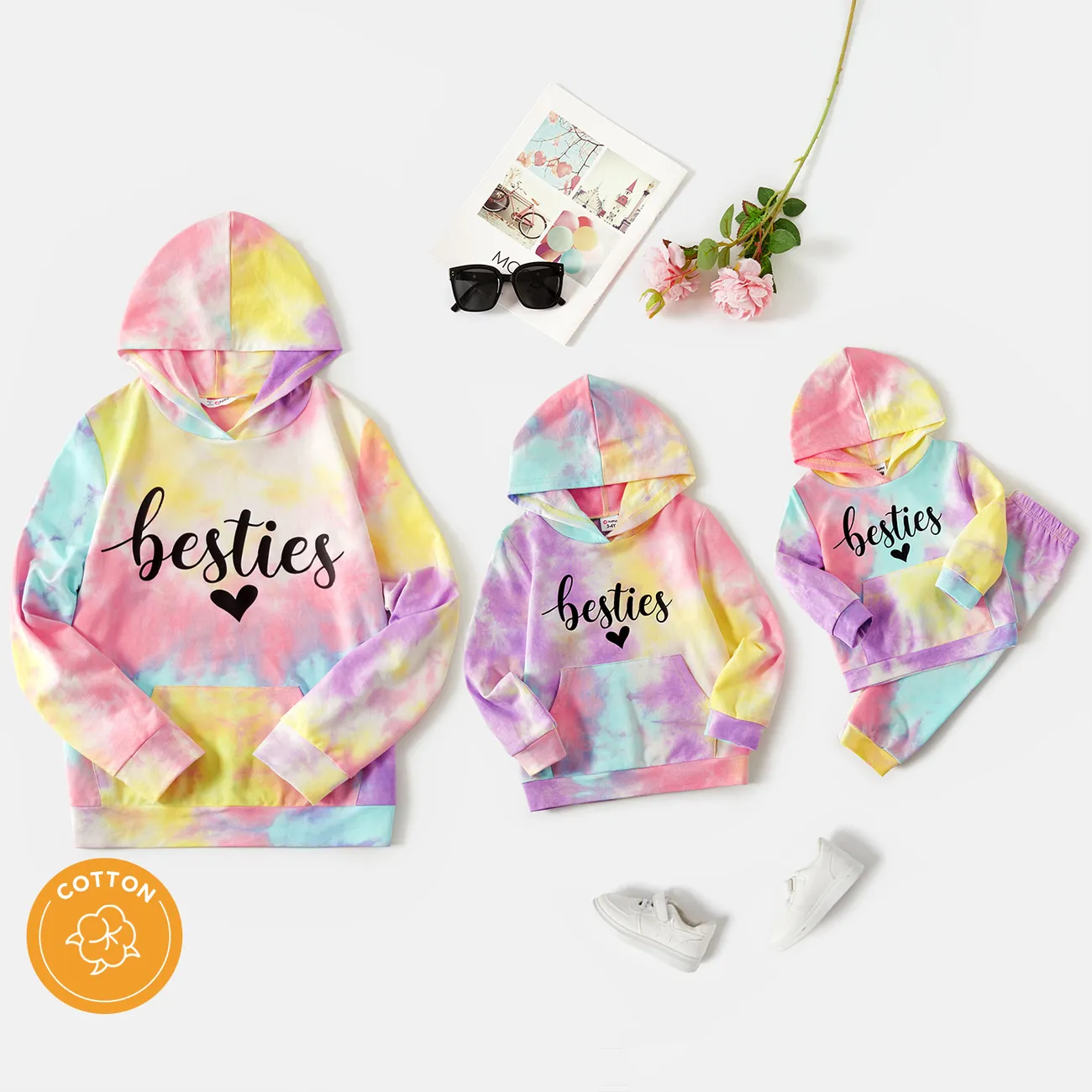 100% Cotton Letter Print Colorful Tie Dye Long-sleeve Hoodies for Mom and Me Colorful big image 1