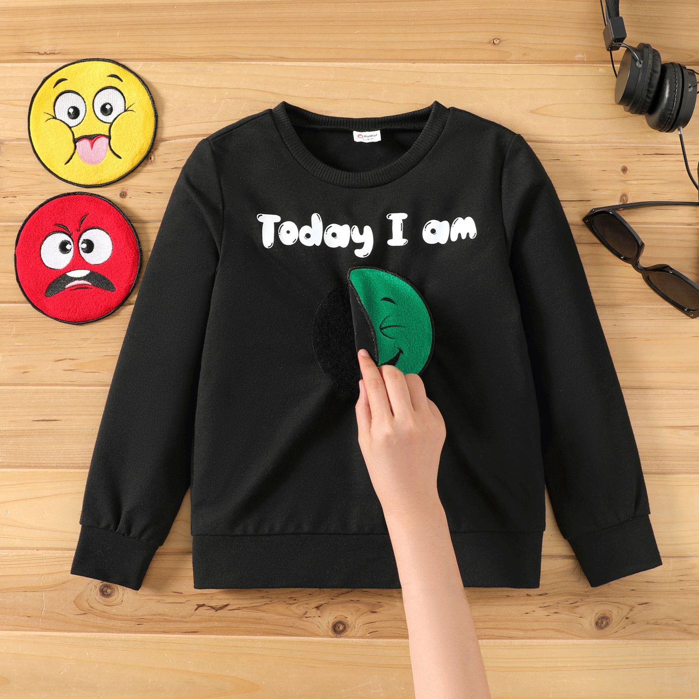 Kid Boy/Kid Girl Face Graphic Embroidered Removable Velcro closure Design Sweatshirt ( 3 Patch is included) Black big image 1