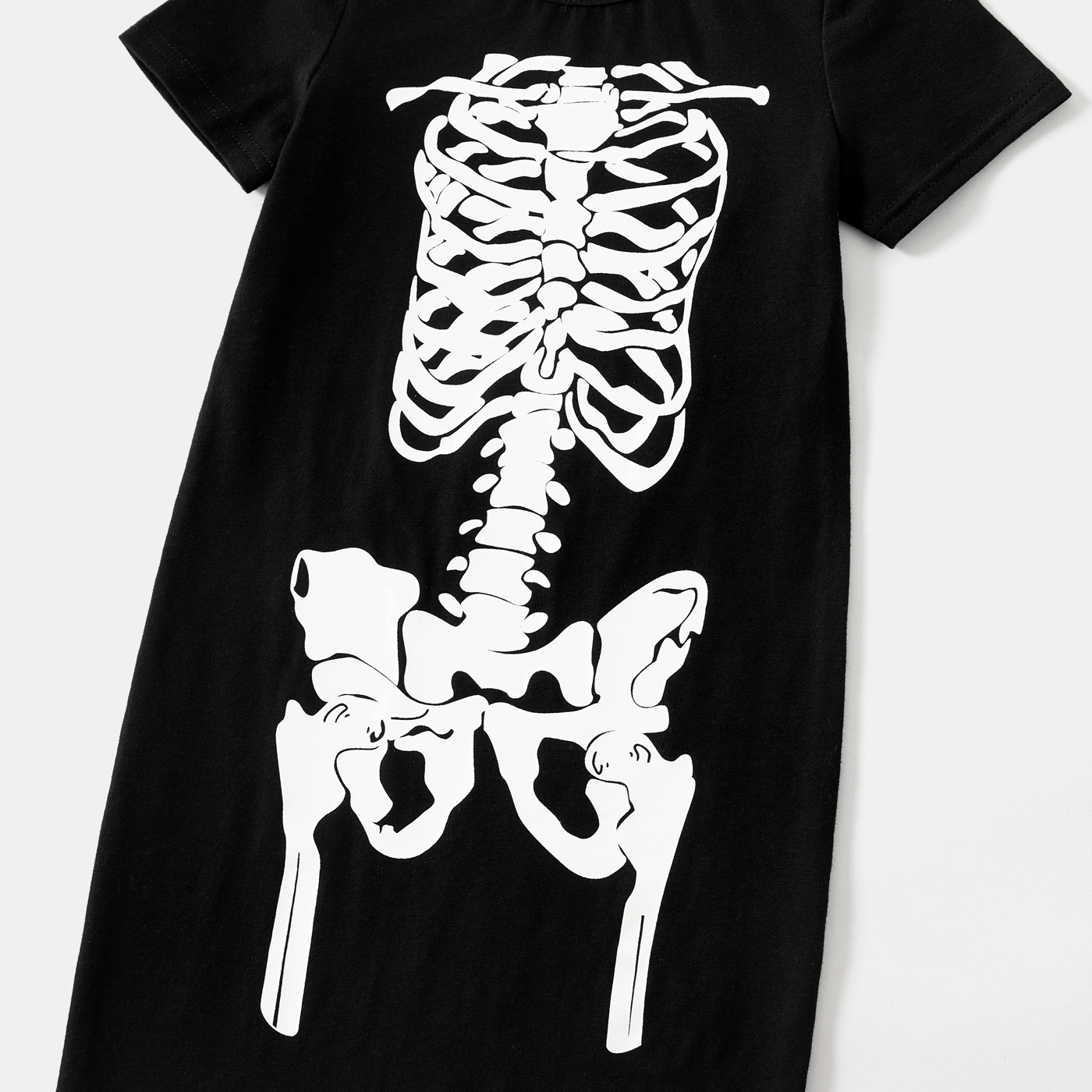 Halloween Glow In The Dark Skeleton Print 95% Cotton Short-sleeve Black Bodycon T-shirt Dress for Mom and Me Black big image 6
