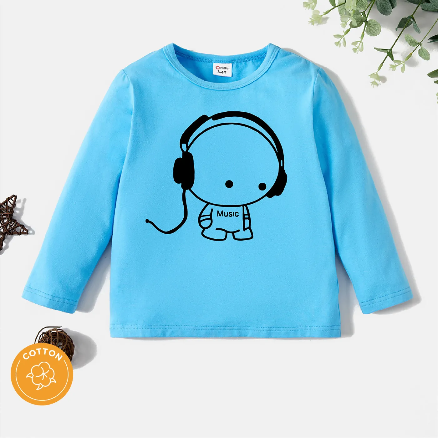 

Toddler Boy Cartoon Print Long-sleeve Blue Cotton Tee