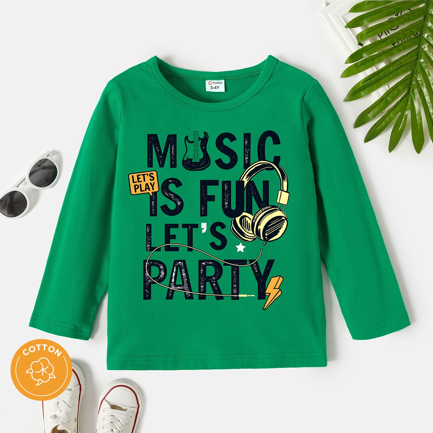 

Toddler Girl Letter Headphone Print Long-sleeve Green Cotton Tee