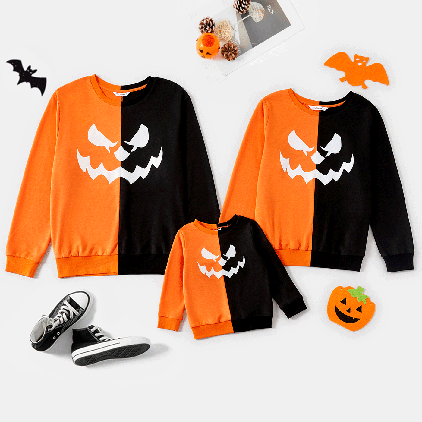 Halloween Family Matching Glow In The Dark Pumpkin Print Long-sleeve Colorblock Sweatshirts