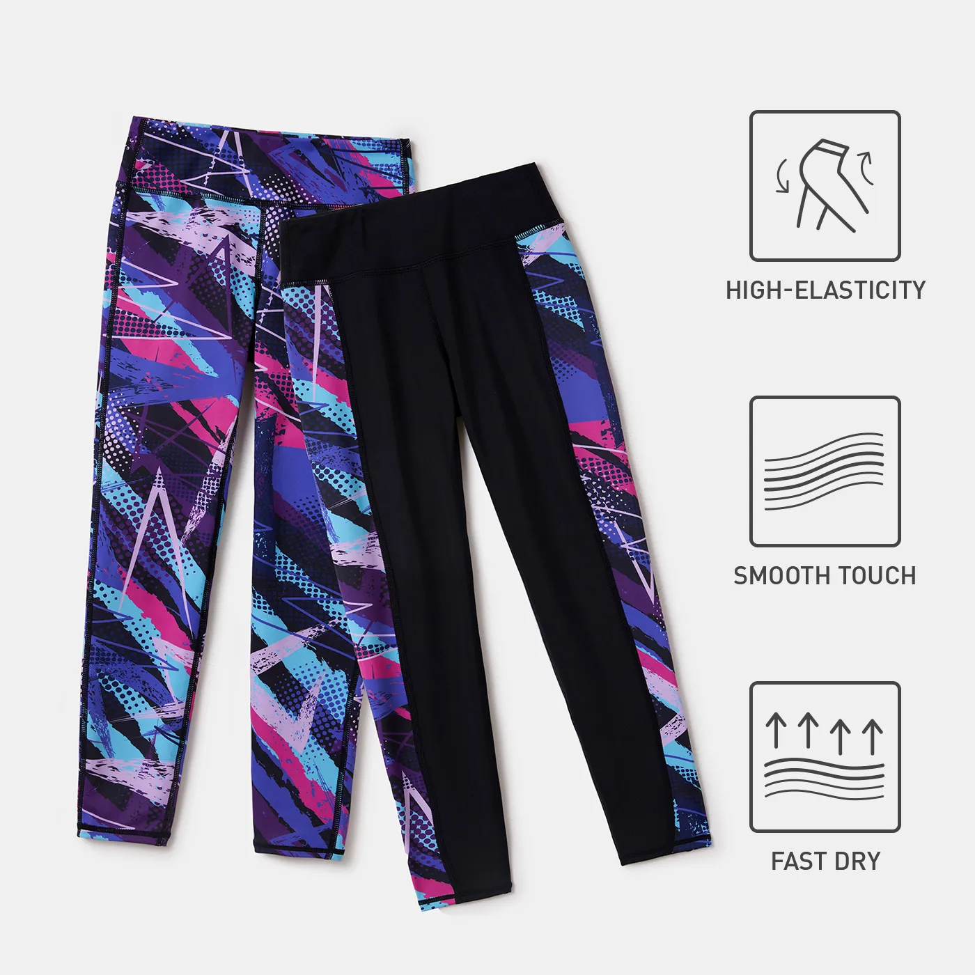 Activewear Polyester Spandex Fabric Kid Girl Colorblock Geo Print Quick Dry Elasticized Leggings