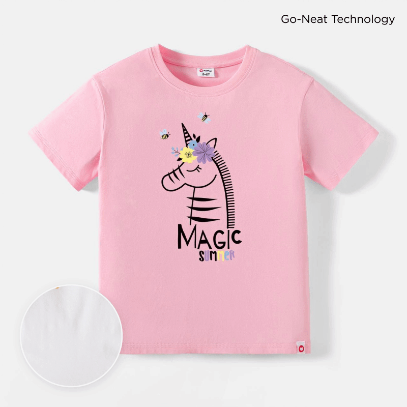 Go-Neat Toddler Girl Water & Stain Resistant Unicorn Print Soft Breathable Short-sleeve Pink Tee