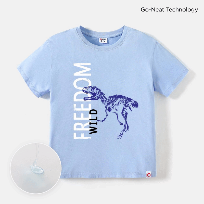 Go-Neat Kid Boy Water & Stain Resistant Letter Dinosaur Print Breathable Short-sleeve Blue Tee