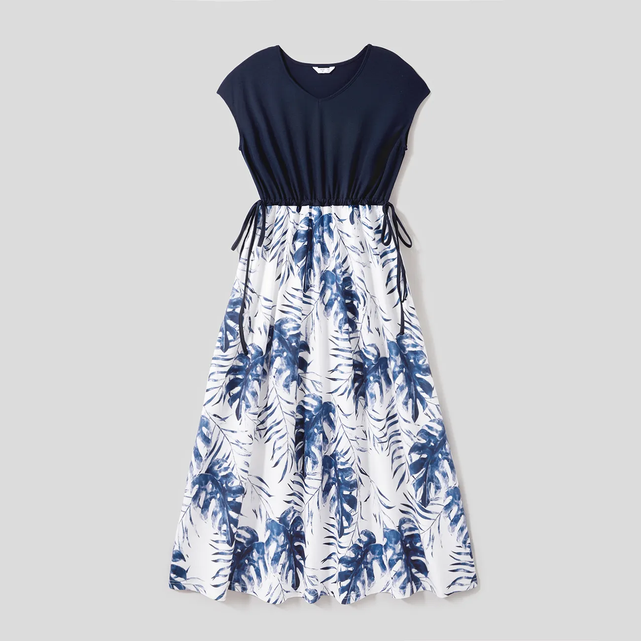 Family Matching Solid Spliced Allover Palm Leaf Print Drawstring Dresses and Short-sleeve T-shirts Sets Blue big image 1