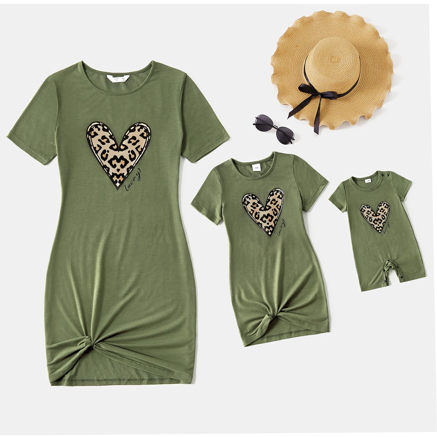 

Leopard Love Heart Print Green Short-sleeve Twist Knot Bodycon T-shirt Dress for Mom and Me