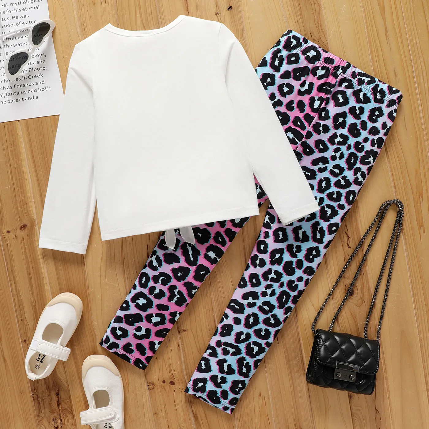 2pcs Kid Girl Cartoon Print Tie Knot Long-sleeve Tee and Leopard Print Leggings Set White image 5