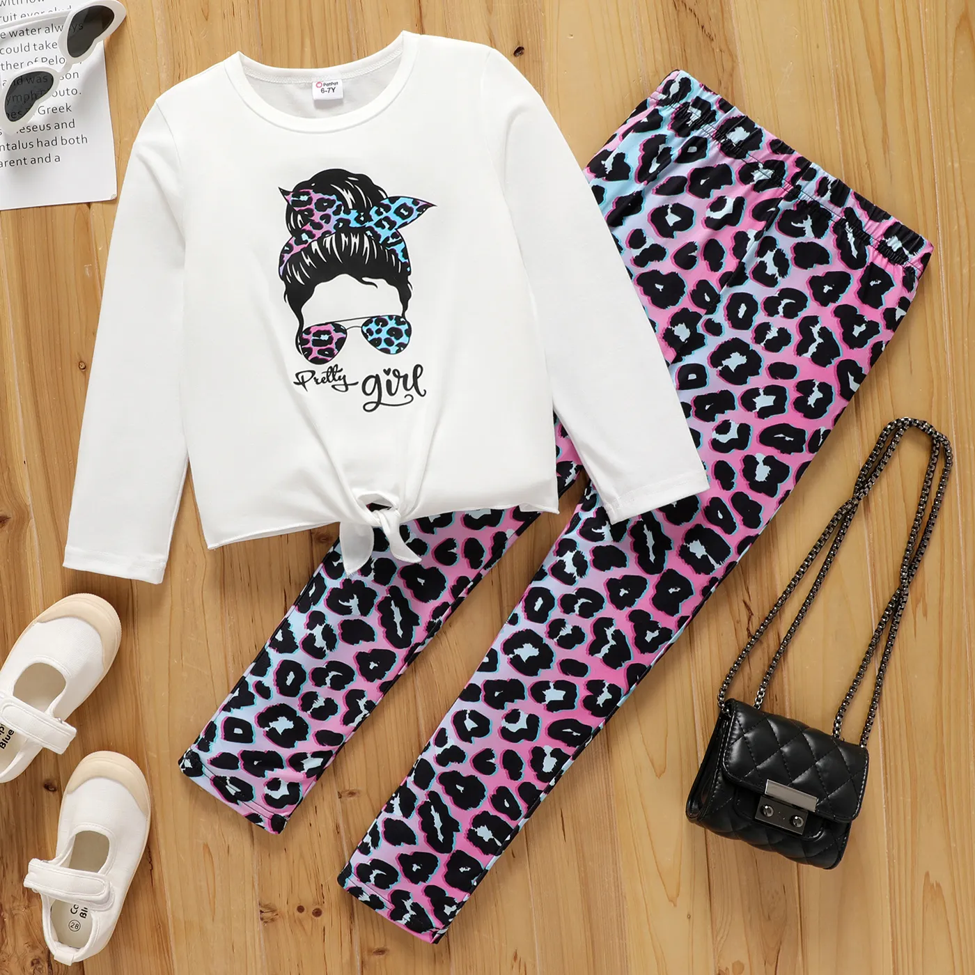 2pcs Kid Girl Cartoon Print Tie Knot Long-sleeve Tee and Leopard Print Leggings Set White big image 1