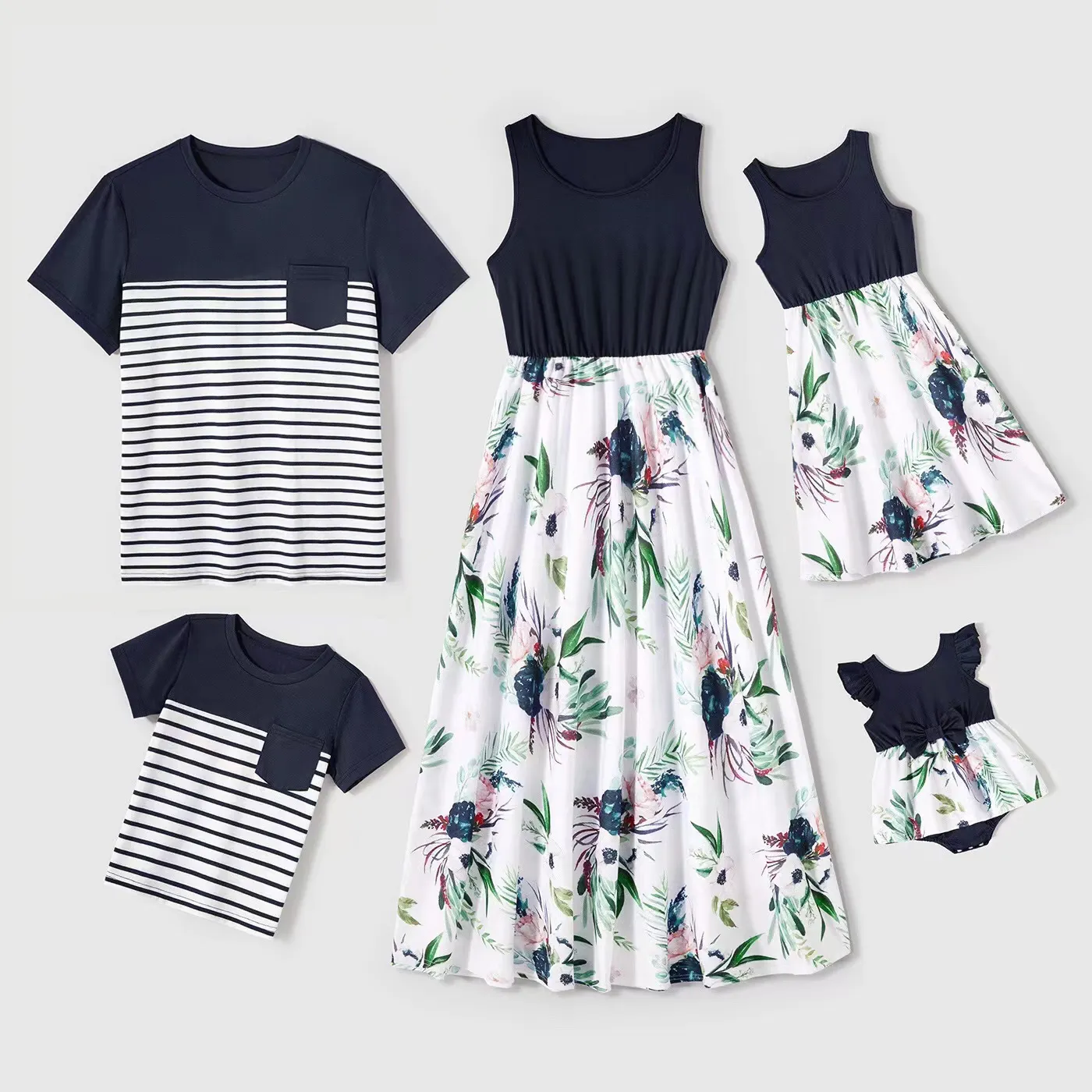 

Family Matching Solid Spliced Plant Print Tank Dresses and Short-sleeve Striped T-shirts Sets