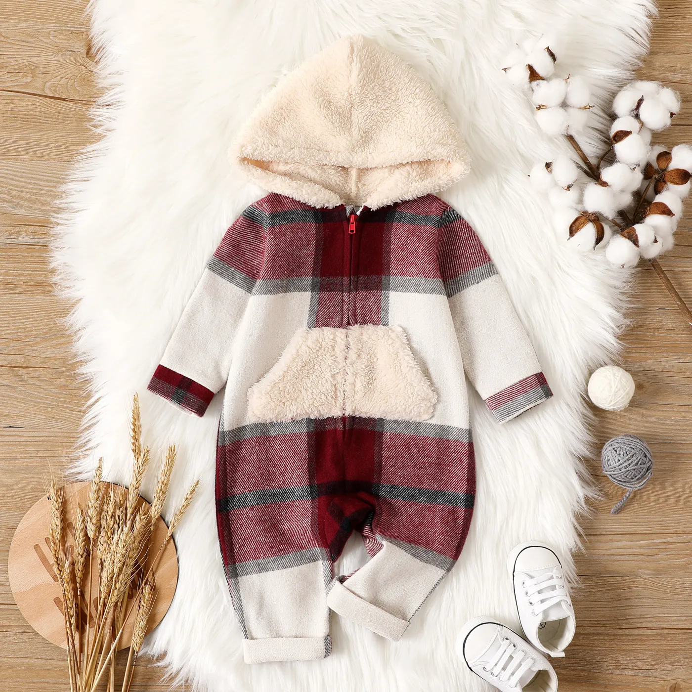 

Baby Boy Fluffy Hooded Spliced Plaid Long-sleeve Zip Jumpsuit