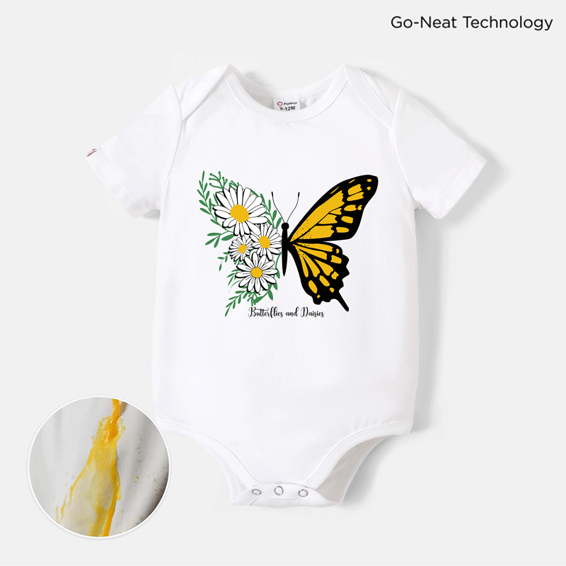 [0M-24M] Go-Neat Water Repellent and Stain Resistant Baby Girl Butterfly & Letter Print Short-sleeve Romper