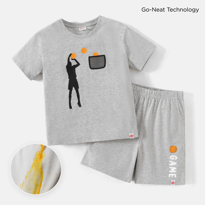 [5y-14y] go-neat wasserabweisendes und schmutzabweisendes 2-teiliges Kinder-Jungen-Basketball-Figuren-Druck-T-Shirt und Shorts-Set