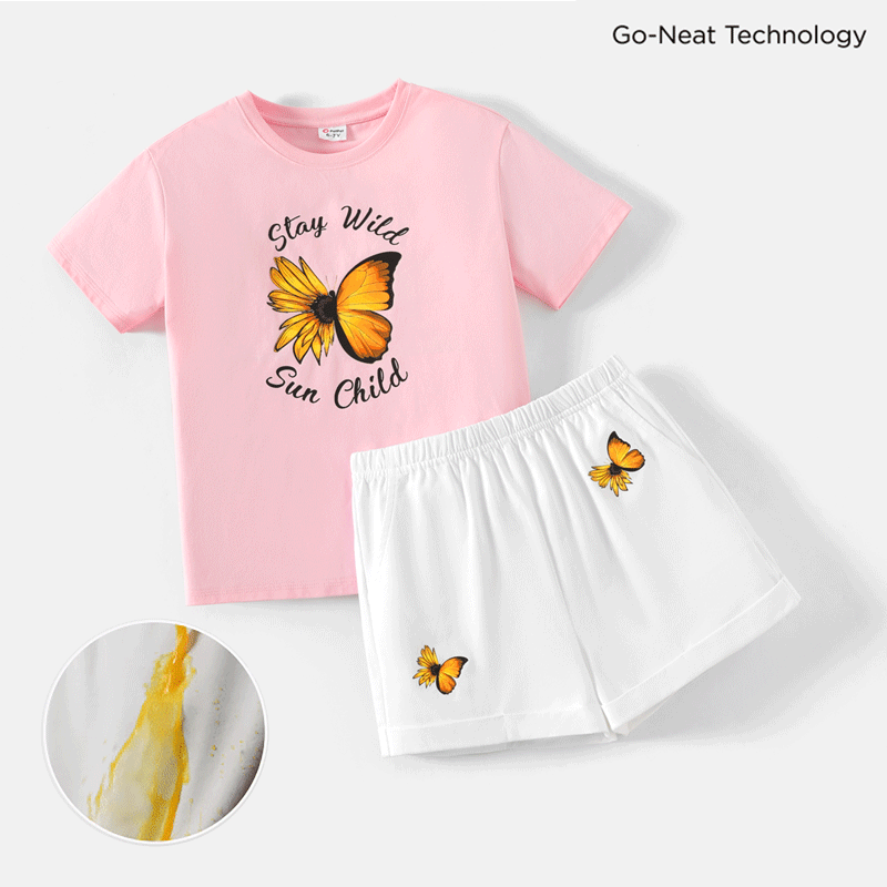[4y-14y] go-neat wasserabweisendes und schmutzabweisendes 2-teiliges Set aus atmungsaktivem T-Shirt und Shorts mit Schmetterlingsdruck für Kinder und Mädchen