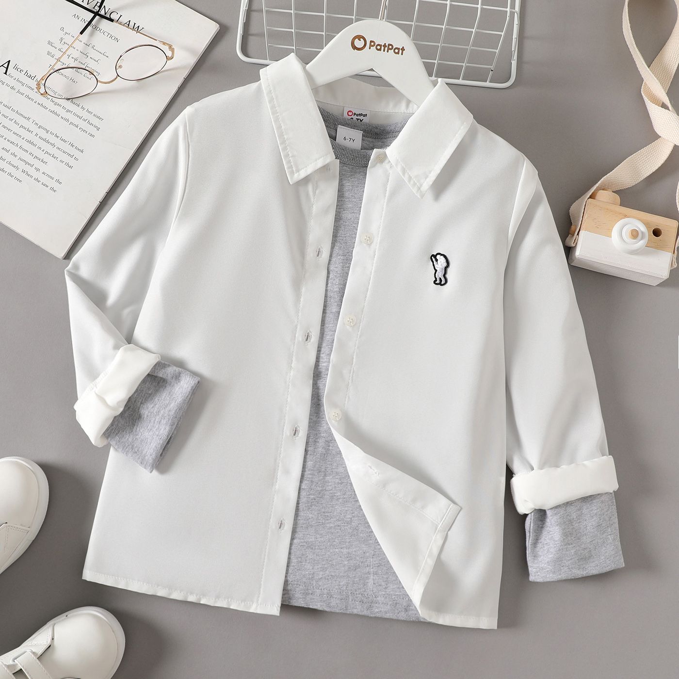 

Kid Boy Lapel Collar Embroidered Long-sleeve Shirt