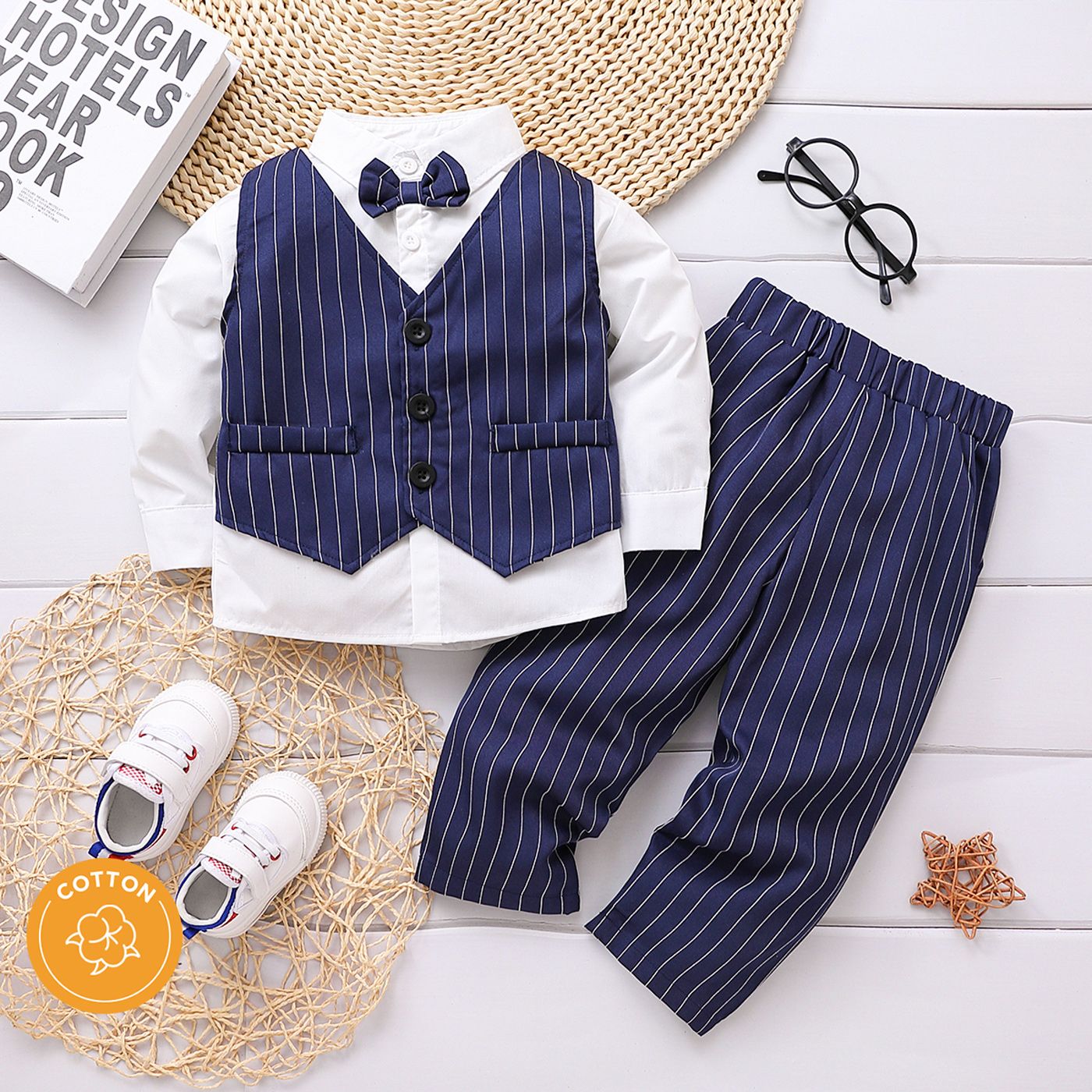 

2pcs Toddler Boy Gentleman Suit, Faux-two Stripe Long-sleeve Shirt and Pants Set