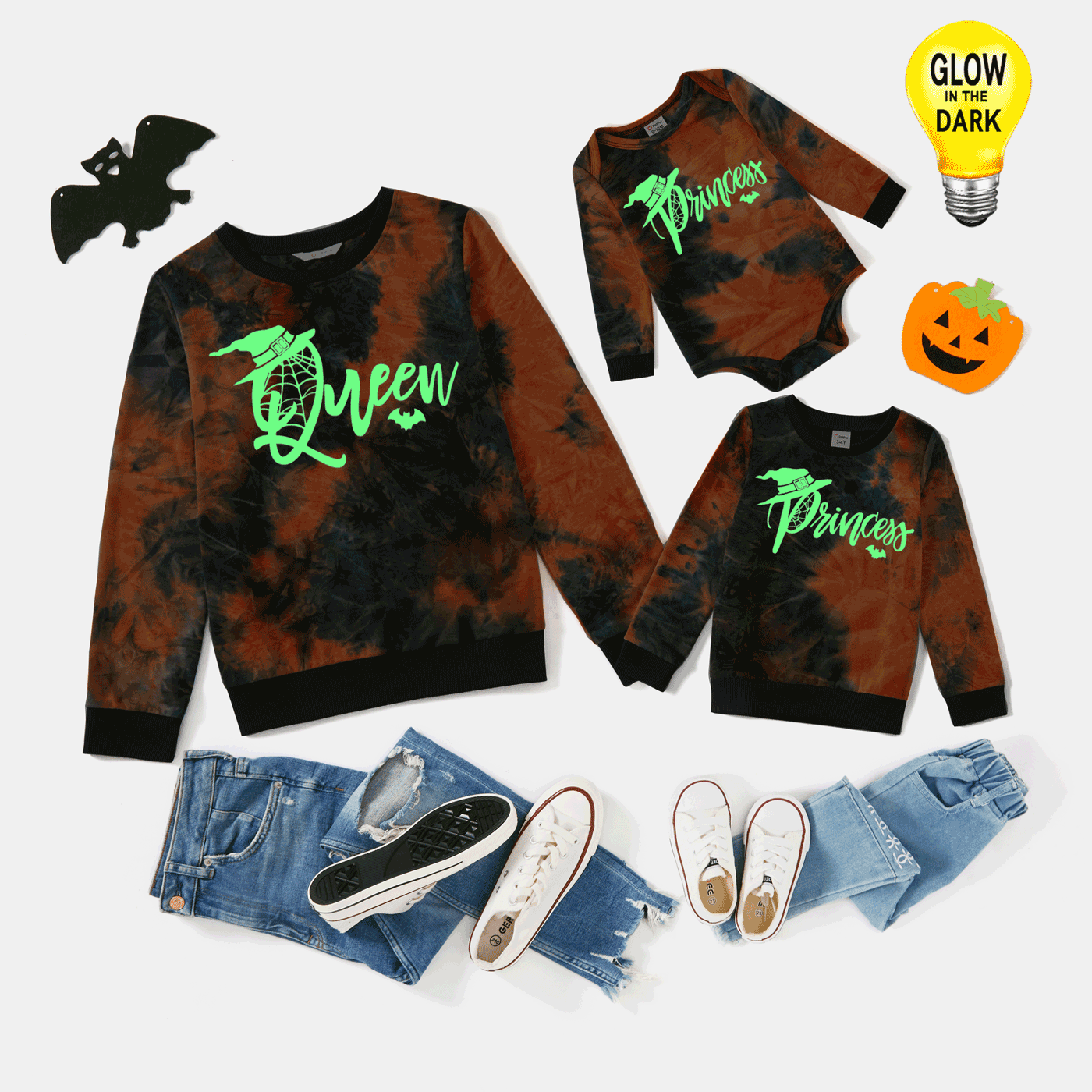 Halloween Glow In The Dark Witch Hat & Letter Print Tie Dye Long-sleeve Sweatshirts for Mom and Me Black