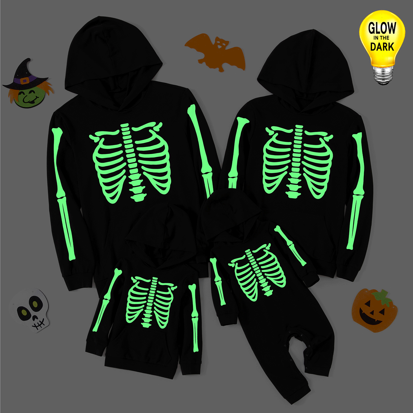 Halloween Glow In The Dark Skeleton Print Black Family Matching Long-sleeve Hoodies Black