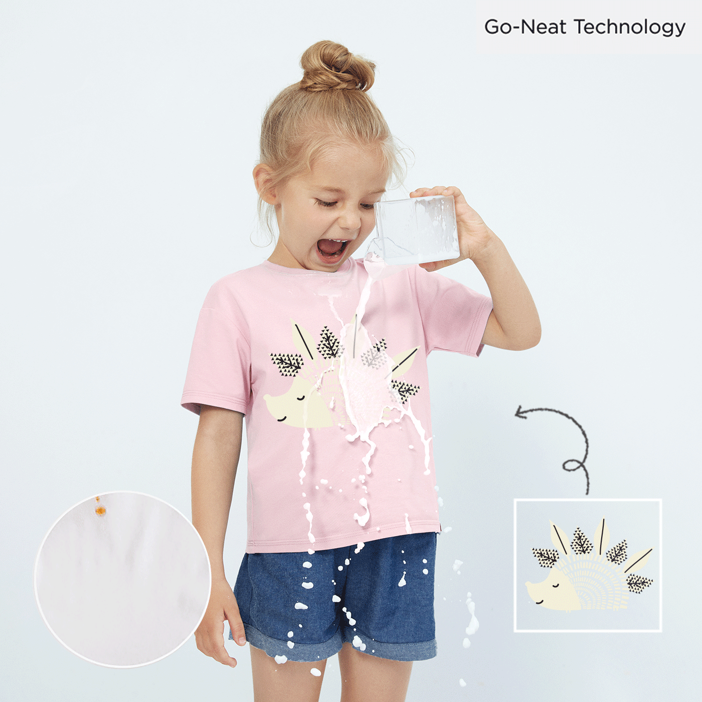 [2Y-6Y] Go-Neat Water Repellent and Stain Resistant Toddler Girl Hedgehog Print Short-sleeve Tee Light Pink