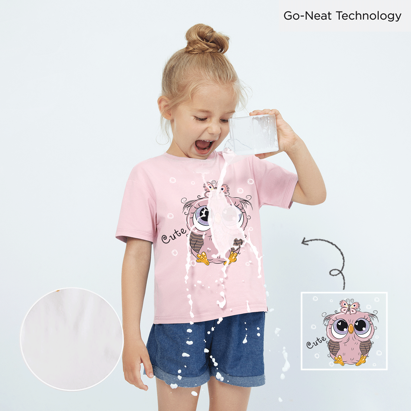 [2Y-6Y] Go-Neat Water Repellent and Stain Resistant Toddler Girl Animal Owl Print Short-sleeve Tee