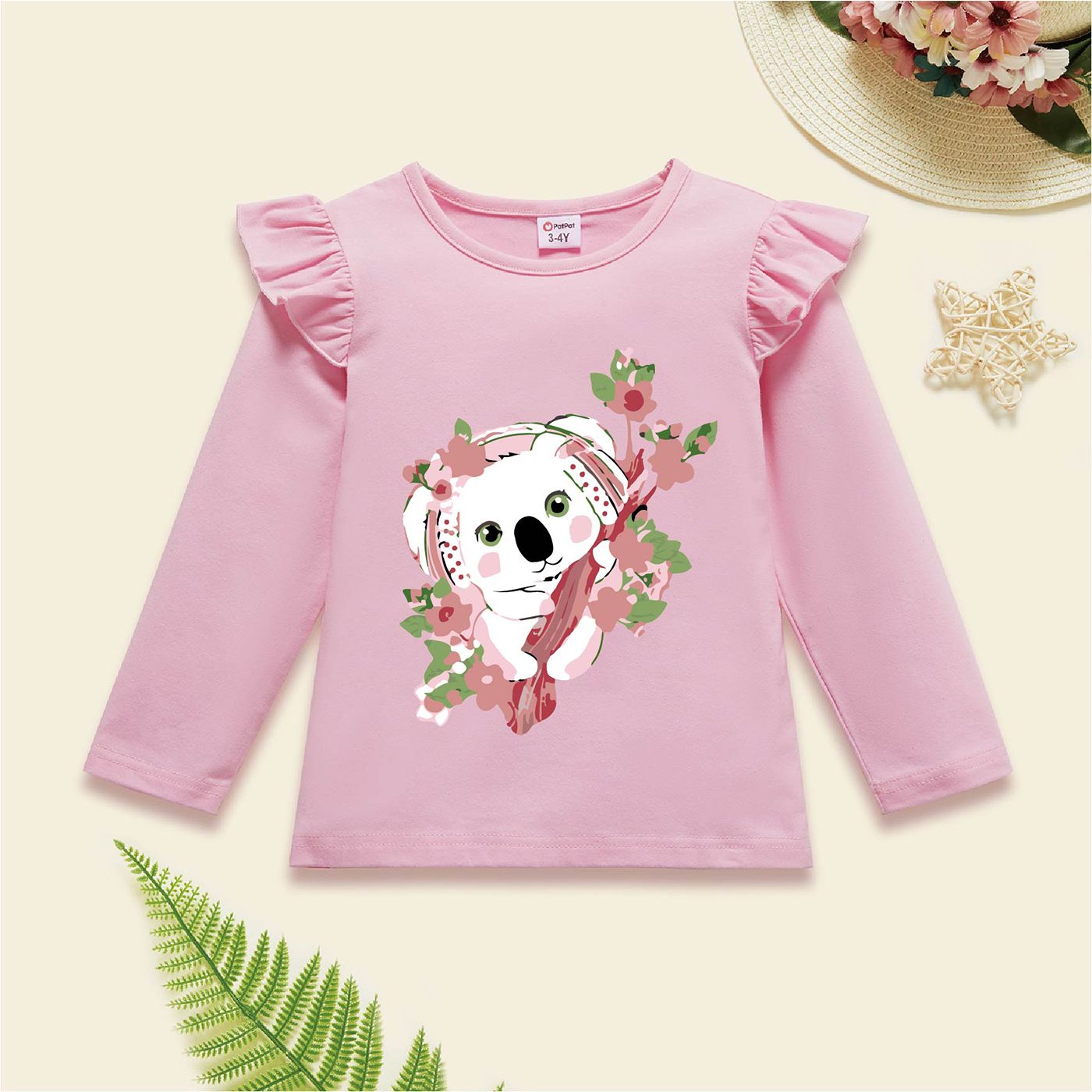 

Toddler Girl Animal Koala Floral Print Cotton Ruffled Light Pink Long-sleeve Tee