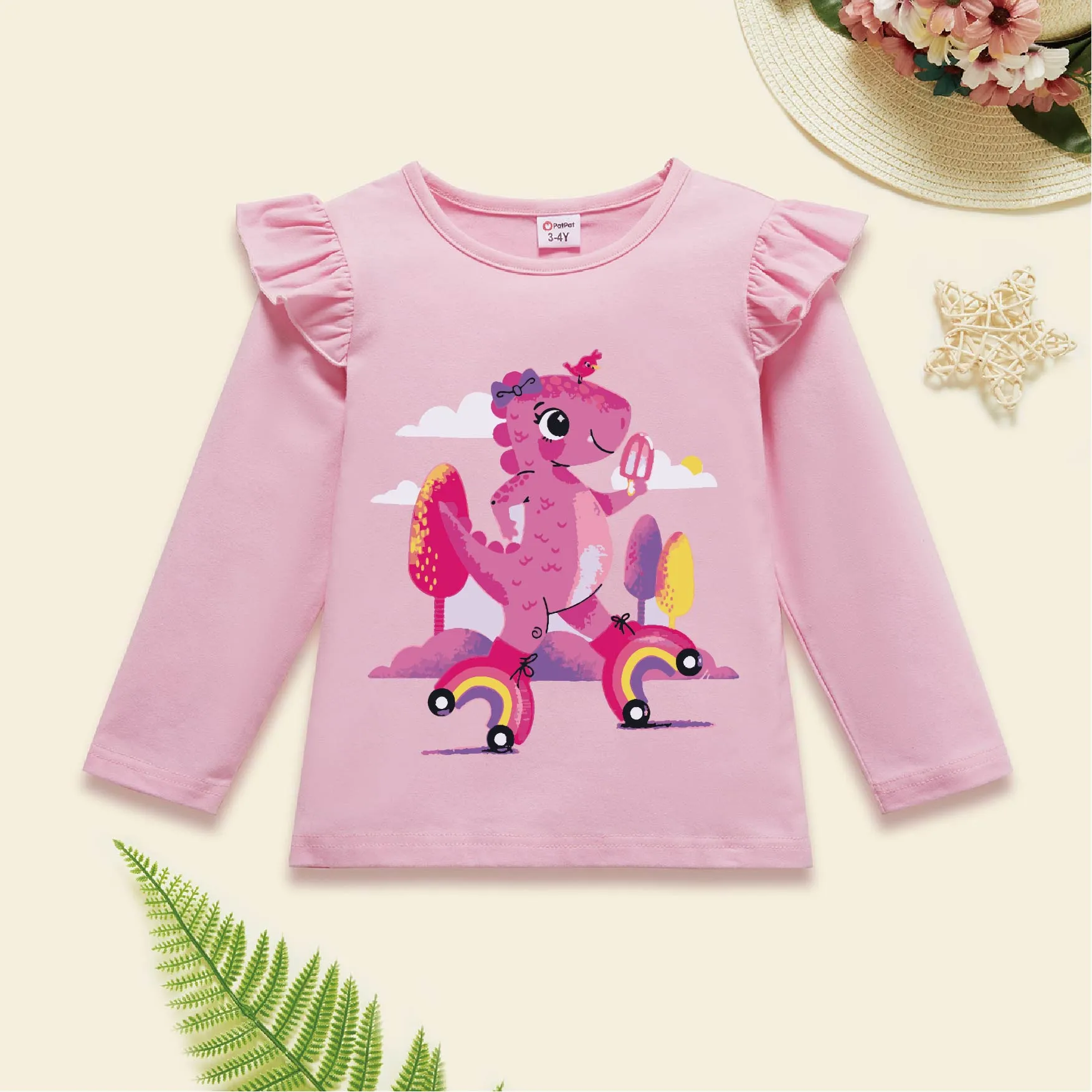 

Toddler Girl Animal Dinosaur Print Cotton Ruffled Light Pink Long-sleeve Tee