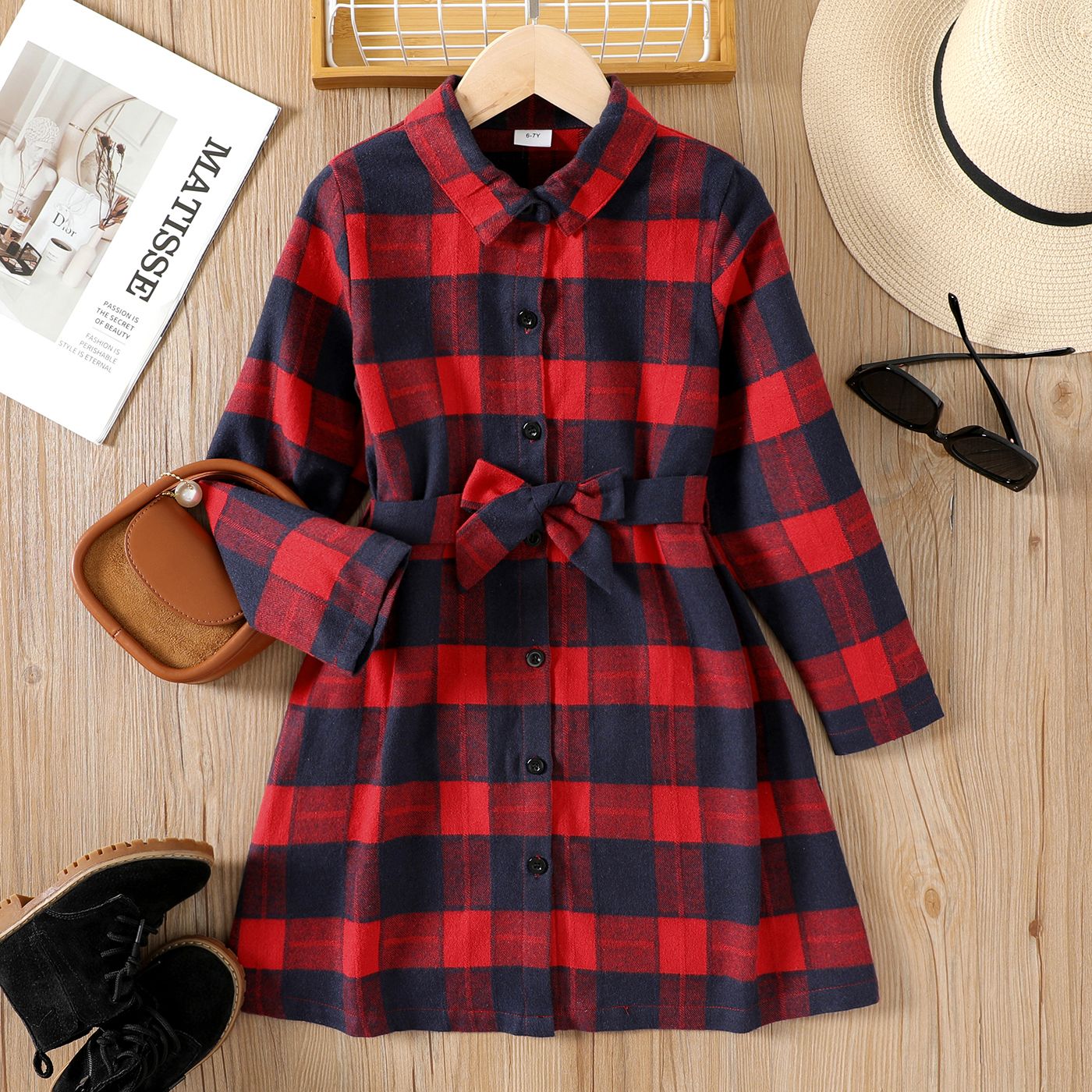 

Kid Girl Christmas Lapel Collar Button Design Long-sleeve Belted Plaid Dress