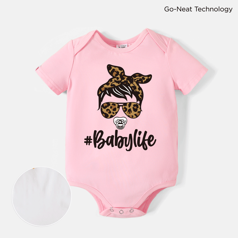 

[0M-24M] Go-Neat Water Repellent and Stain Resistant Baby Girl Leopard Figure & Letter Print Short-sleeve Romper