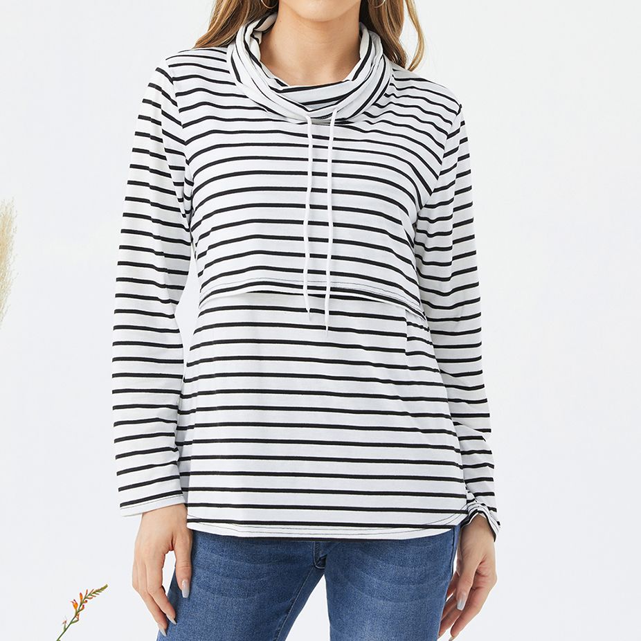 

Nursing Stripe Half Turtleneck Drawstring Long-sleeve Top