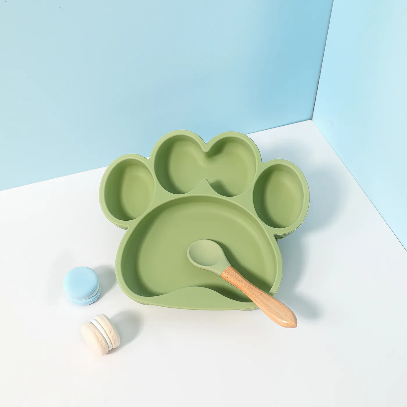 3Pcs Baby Cat Paw Suction Plates with Spoon & Fork BPA Free Food-grade Silicone Divided Design Toddler Self Feeding Utensils Green
