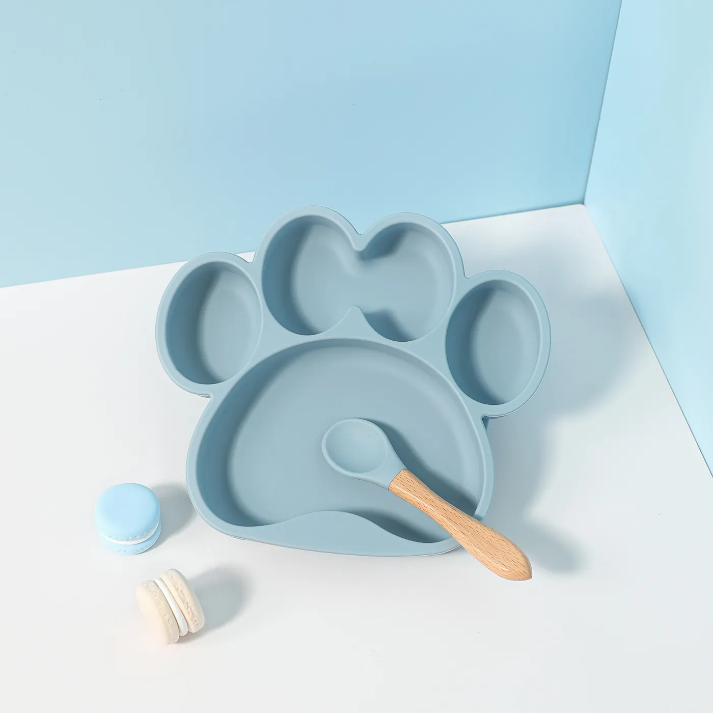3Pcs Baby Cat Paw Suction Plates with Spoon & Fork BPA Free Food-grade Silicone Divided Design Toddler Self Feeding Utensils Light Blue