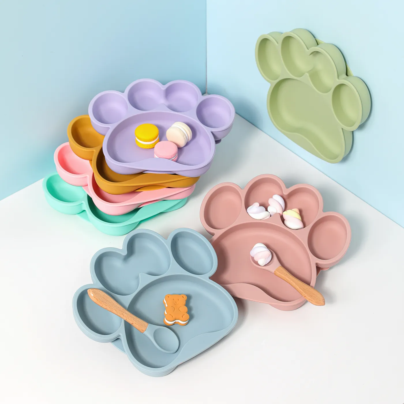 3Pcs Baby Cat Paw Suction Plates with Spoon & Fork BPA Free Food-grade Silicone Divided Design Toddler Self Feeding Utensils  image 6