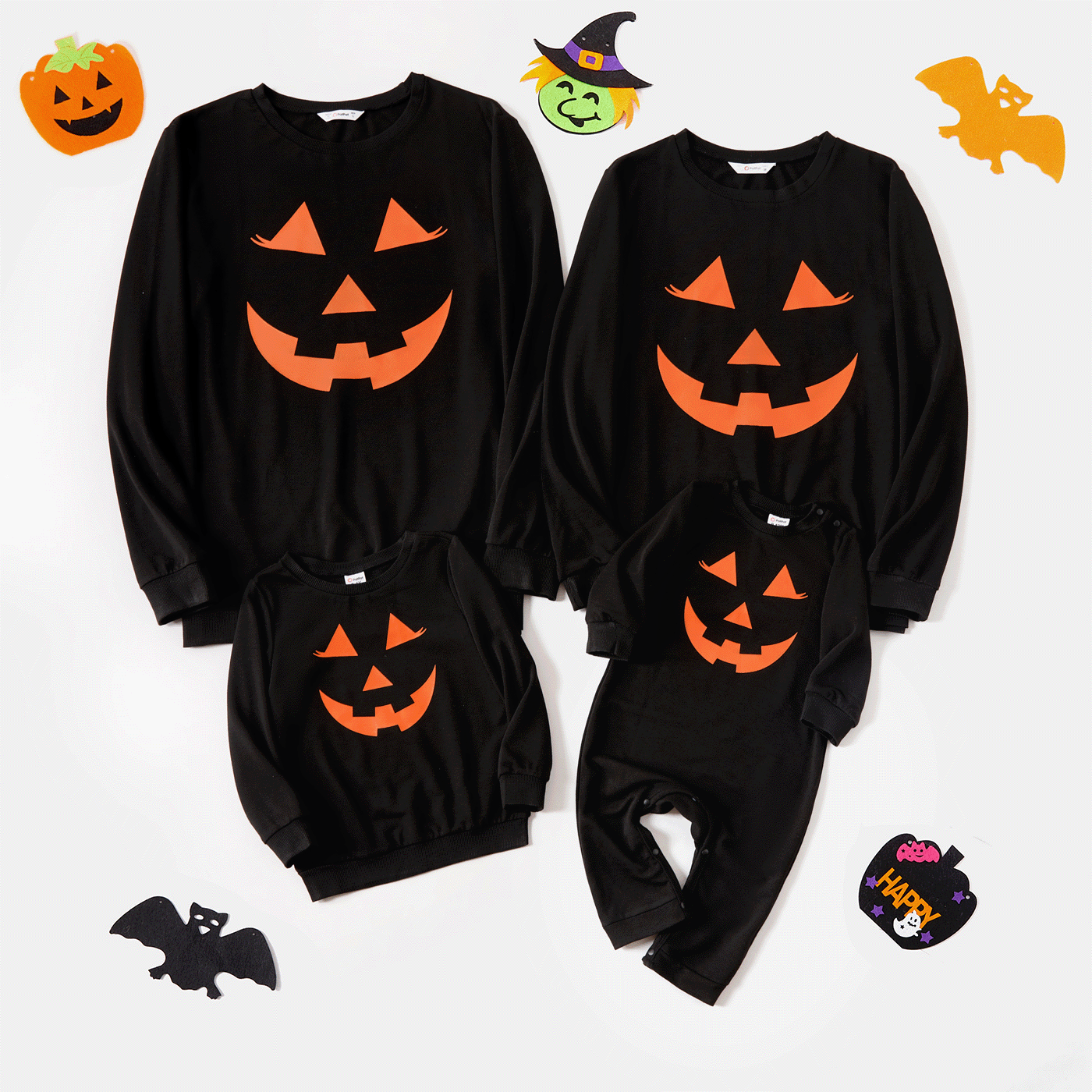 Halloween Glow In The Dark Pumpkin Face Print Black Family Matching Long-sleeve Sweatshirts Black