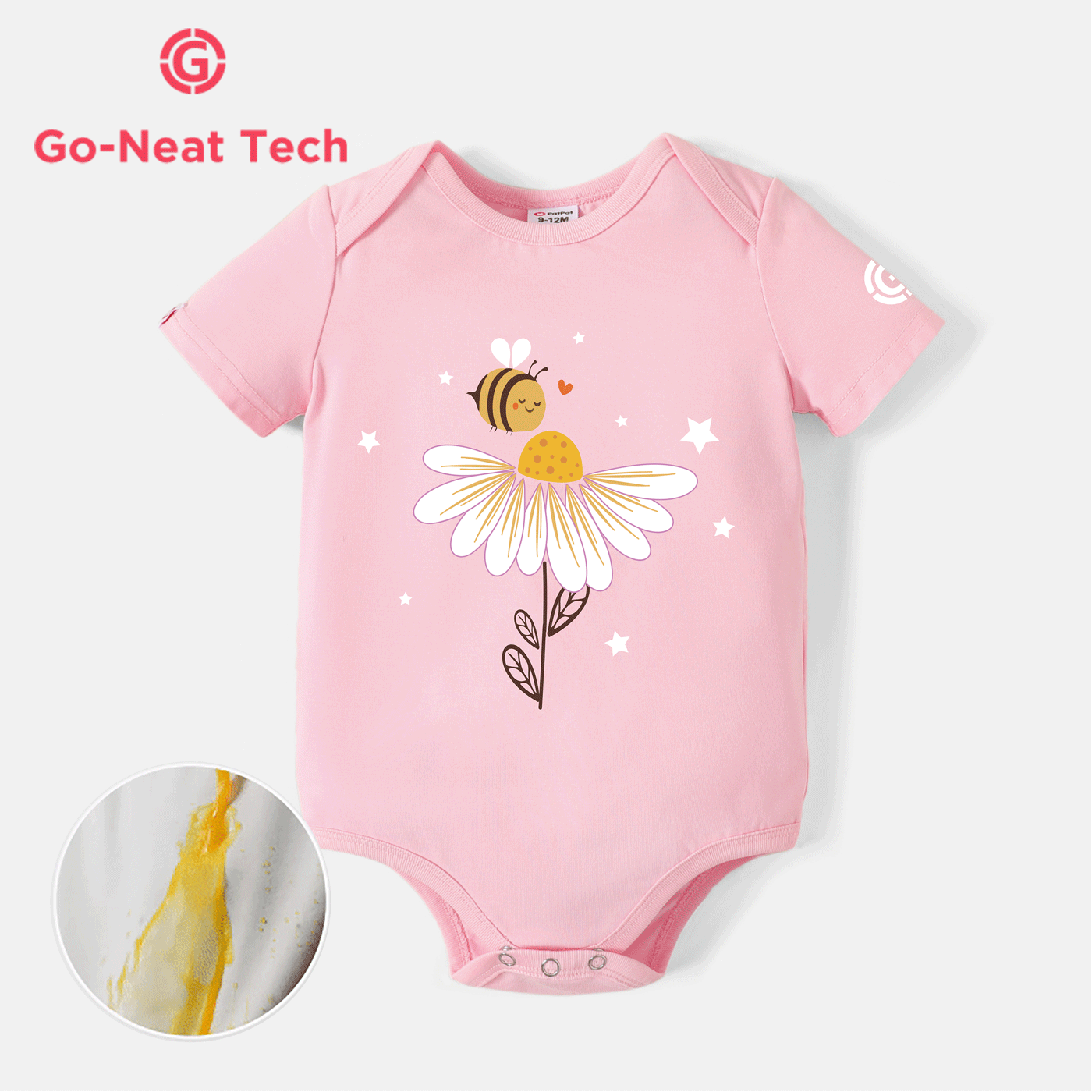 [0M-24M] Go-Neat Water Repellent and Stain Resistant Baby Girl Bee & Floral Print Short-sleeve Romper Light Pink