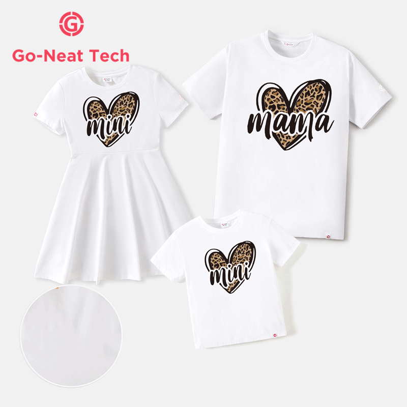 Go-Neat Water Repellent and Stain Resistant Mommy and Me Leopard Heart & Letter Print White Short-sleeve Tee White