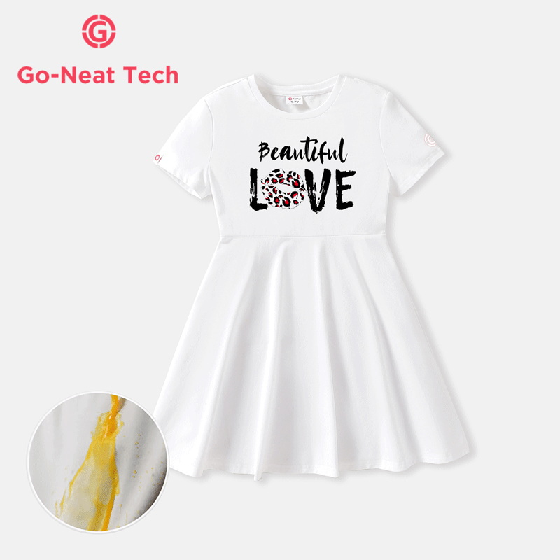 [4Y-14Y] Go-Neat Water Repellent and Stain Resistant Kid Girl Letter Print Short-sleeve Dress White